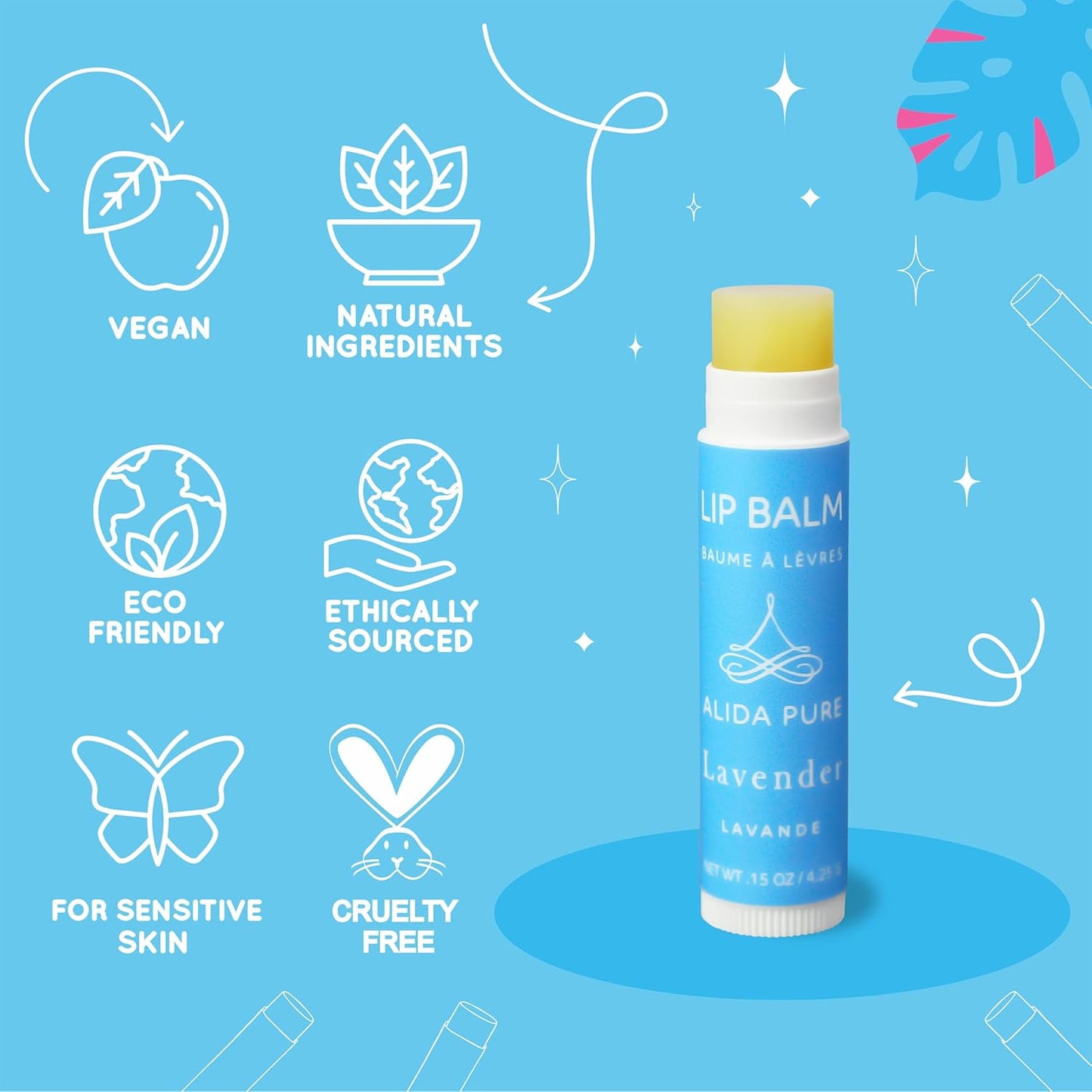 Lavender Lip Balm, Cruelty Free, Vegan Set, Beeswax Free, with Organic Jojoba and Avocado Oil, Vitamin E, Natural Moisturizer for Dry, Chapped, or Cracked Lips, 3 Tube Set