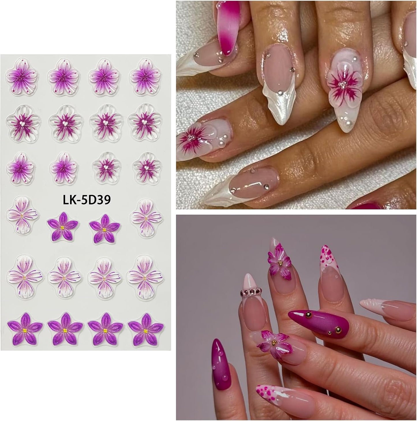 Nail Art Stickers Decals 5D Embossed Flower Nail Decals Self Adhesive Spring Summer Supplies 3D Lavender for Women Nails Design Decoration Purple Red Flower Nails Stickers