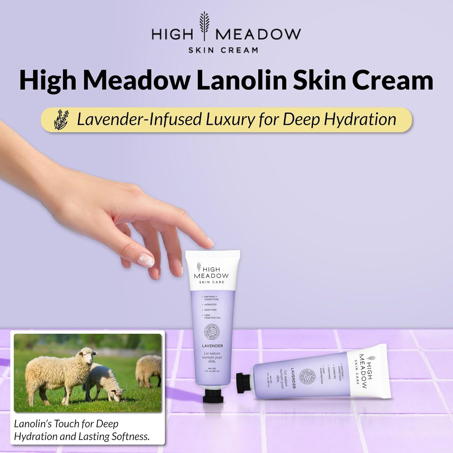 High Meadow Lanolin Skin Cream - Deep Hydration Formula for Soft, Radiant Skin Care - Repairs Dry and Cracked Skin on Hands, Feet & Elbows - Multi-Purpose Soothing Lotion - 3.0 Oz Lavender Moisturizer