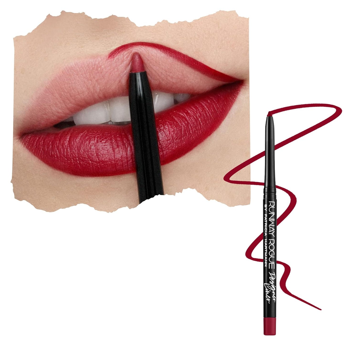 Runway Rogue Designer Liner Lip Pencil, Matte Crimson Dark-Red Lip Liner Pencil and Lip Liner Sharpener, ‘In the Press’