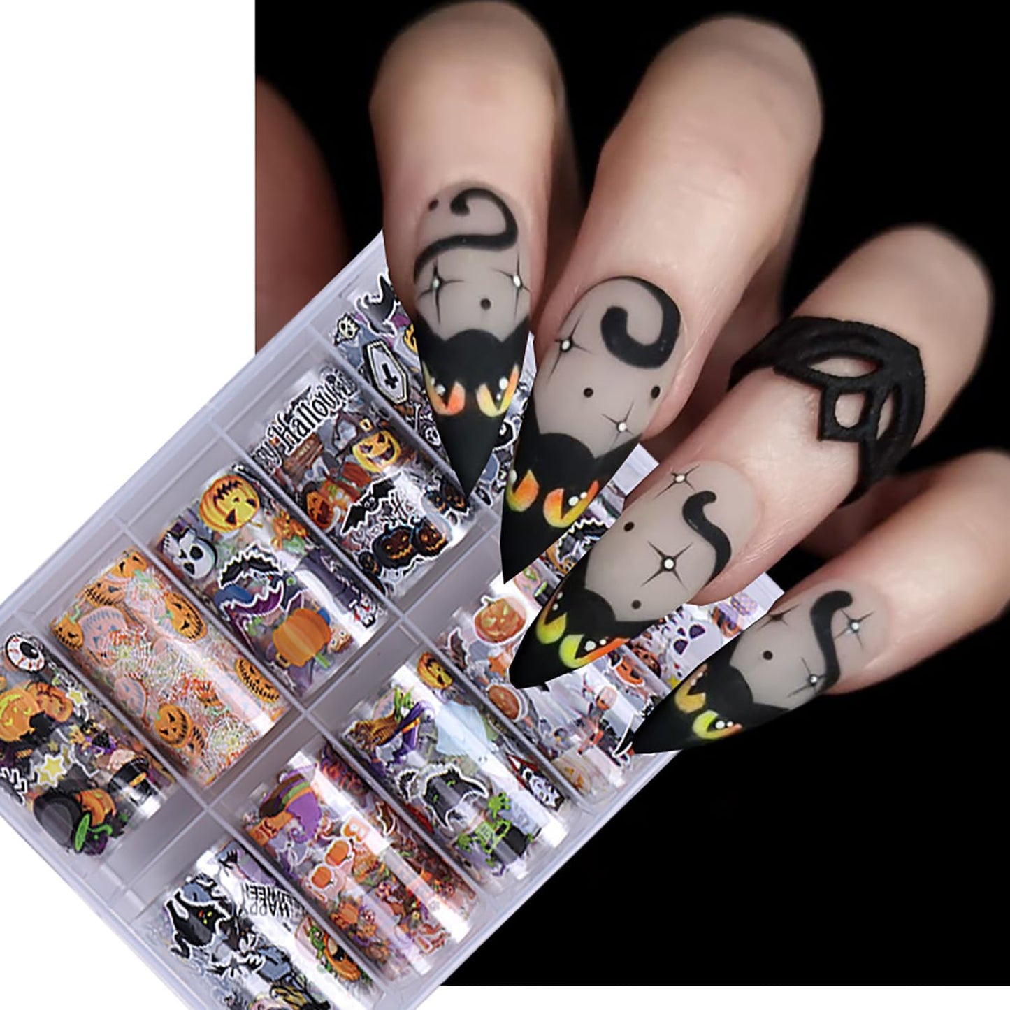Halloween Nail Foils Transfer Nail Art Pumpkins Foils Nail Art Supplies 10PCS Halloween Ghost Black Cat Bat Spooky Nail Foil Transfer Stickers Starry Sky Paper Manicure Accessories for Women Girls