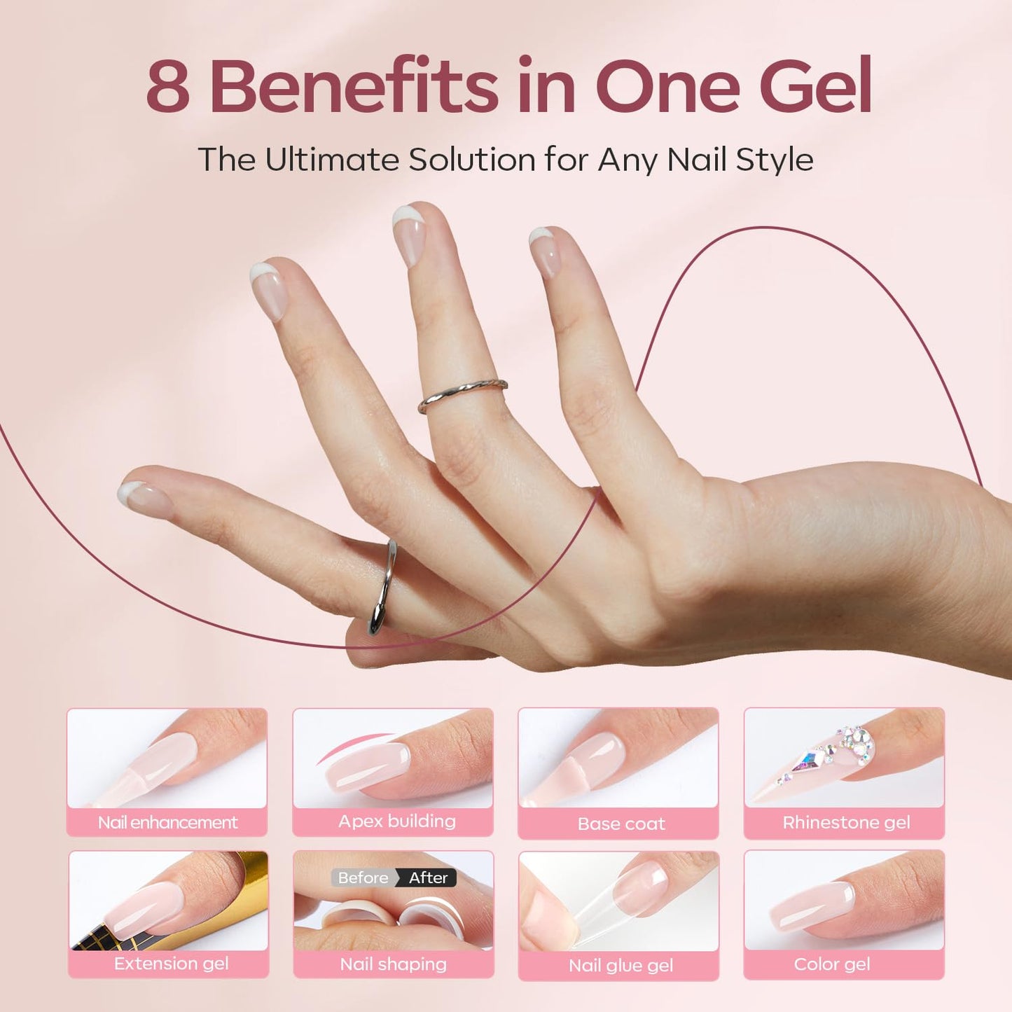 modelones Builder Nail Gel with Gel Top Coat, 8-In-One Cover Nude Builder Acid Free Top Coat for Nail Thickening Apex Building Rubber Color Base Polish Shine Finish, LED Lamp Cured 10ml Home DIY Salon