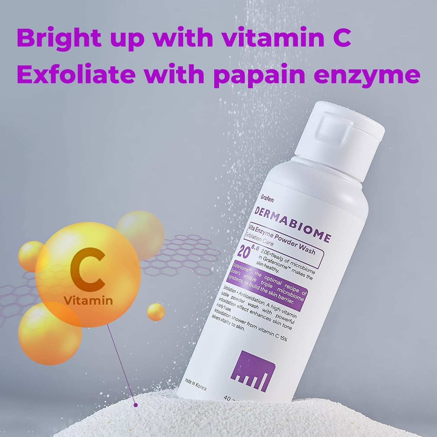 GRAFEN Vita Enzyme Powder Face Wash Dermabiome - Korean Powder Exfoliant for Face, 15% Vitamin Included for Enhancing Skin Barrier, Non-Irritating Face Wash with pH level 5.5, Bubble & Cream Texture
