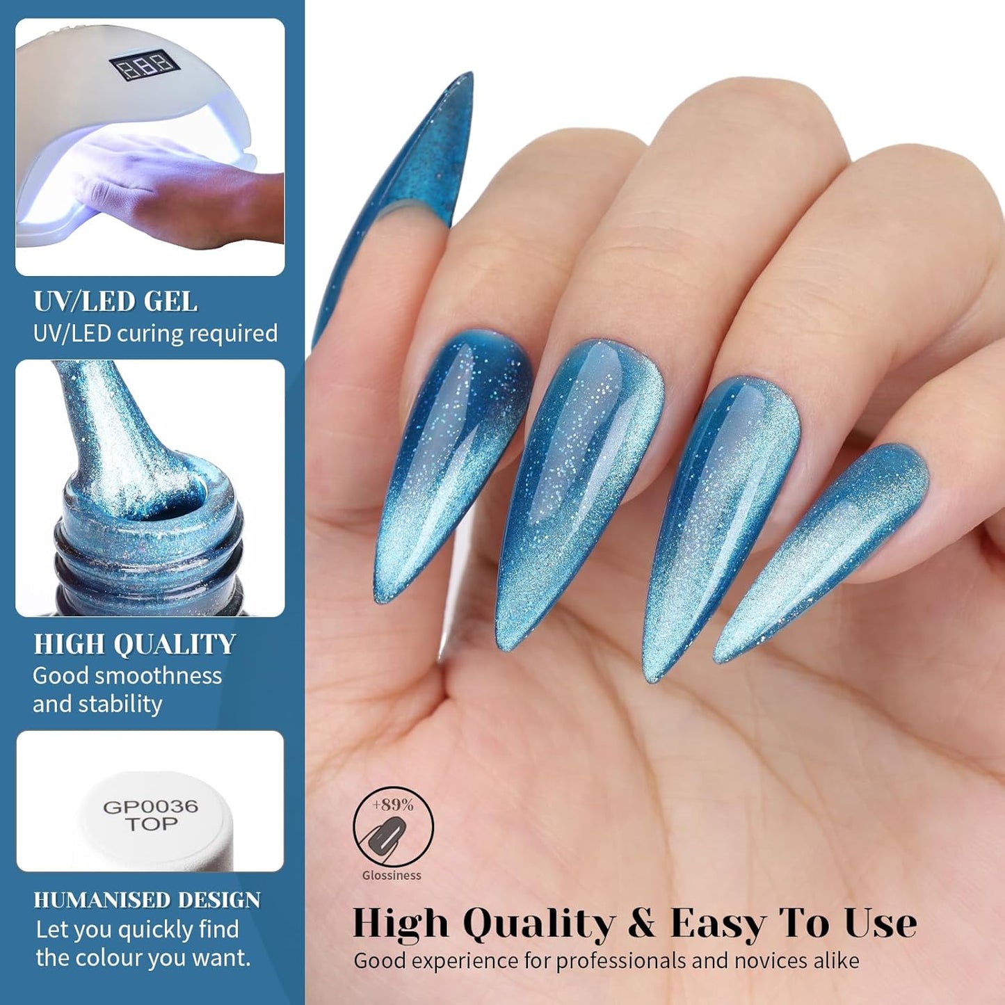 Blue Cat Eye Gel Nail Polish,Iridescent Quicksand Galaxy Holographic Blue Cateye Gel Polish with Magnet, Shimmer Velvet Soak Off Uv Led Home Diy Manicure - GP0102