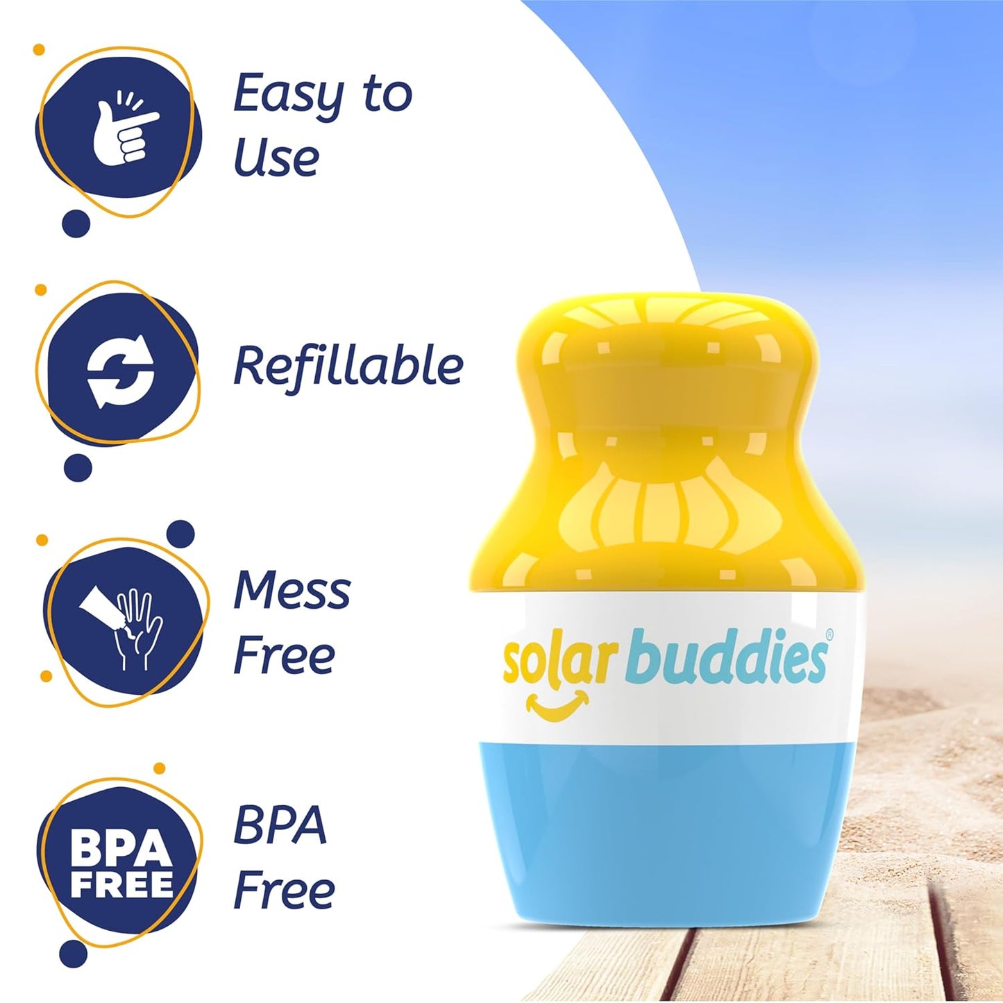 Solar Buddies Sunscreen Applicator - Single Blue - Refillable Roll on Sponge Sunscreen, Suncream & Lotion Applicator For Kids, Adults & Families - Holds 3.4fl oz, Perfect Size for Travel