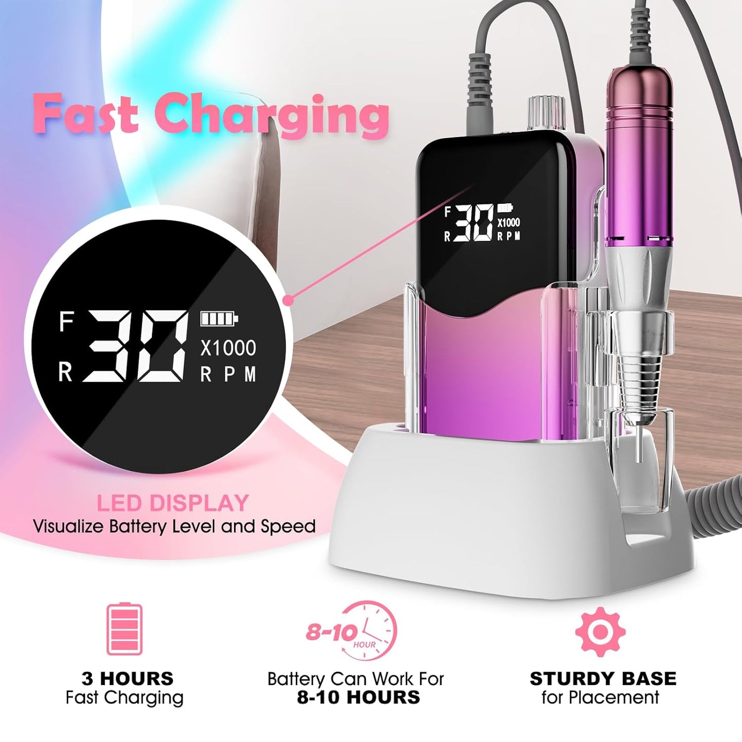 CIVPOWER Nail Drill Professional: 35000RPM Electric Nail File - Portable Rechargeable LED Display Nail Tool Kit- Manicure Pedicure Salon Home DIY Purple