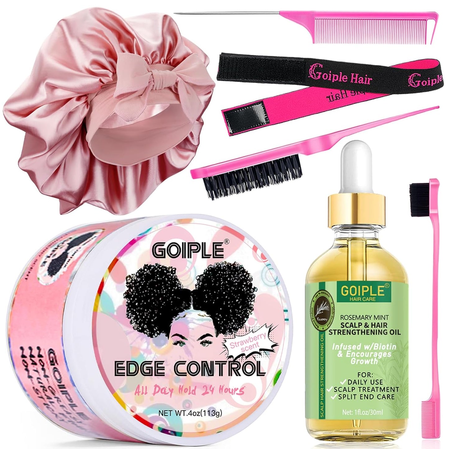 Edge Control Wax Strong Hold Non-greasy Hair Styling Gel - Edge Wax No Flaking Edge Control for Black Hair Edge Wax for Women Rosemary Hair Oil for Hair Growth Edge Brush Hair Braid Bonnet(7pcs)