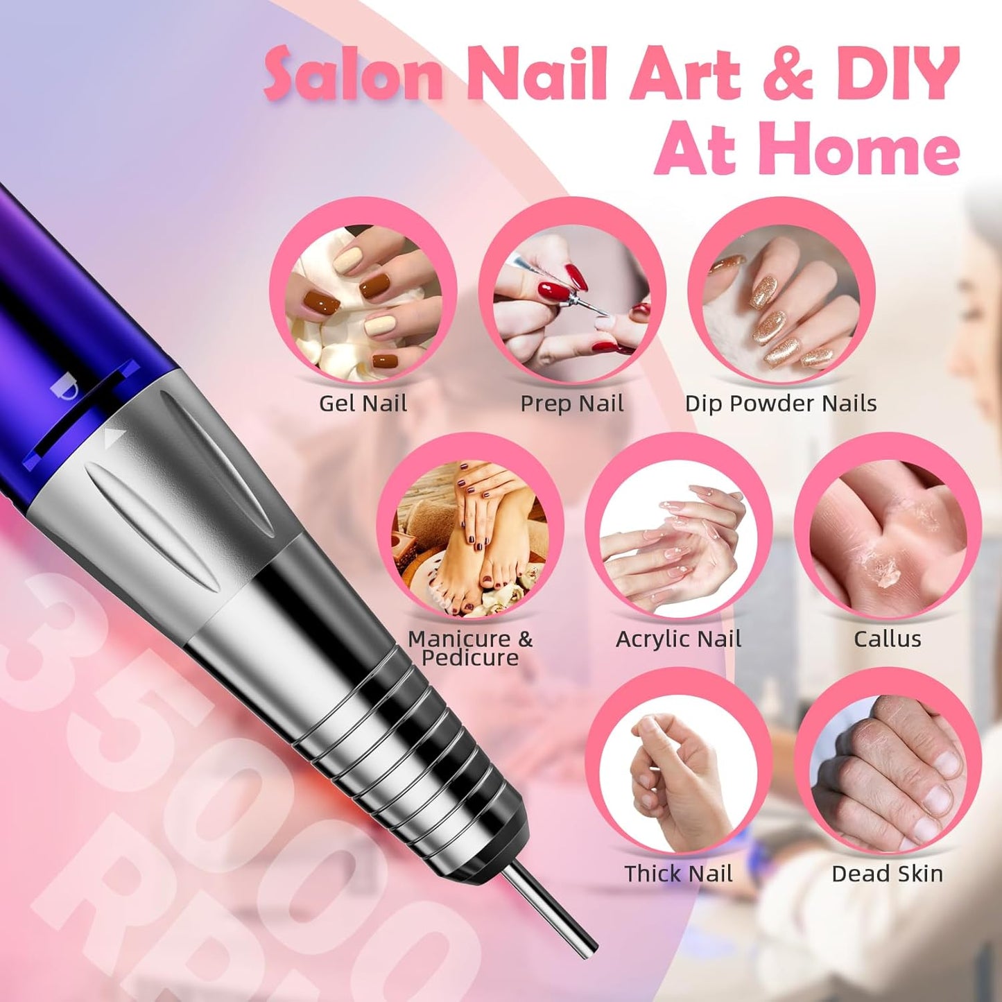 CIVPOWER Nail Drill Professional: 35000RPM Electric Nail File - Portable Rechargeable LED Display Nail Tool Kit- Manicure Pedicure Salon Home DIY (Blue Purple)