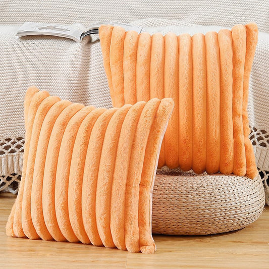 MADIZZ Set of 2 Faux Wool Plush Decorative Throw Pillow Covers 20x20 Inch Orange Fluffy Striped Soft Decorative Cushion Cover for Sofa Bedroom Pillow Shell