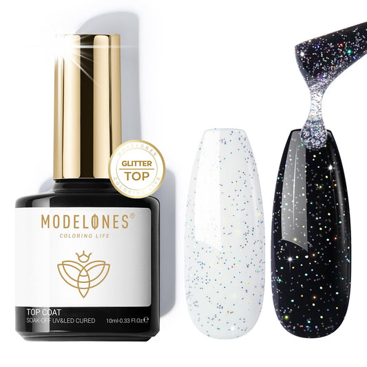 Modelones Glitter Gel Top Coat, Iridescent Silver Mix Glitter Gel Polish No Wipe Top Coat Glossy Sparkly Finish Long Lasting Soak Off Rainbow Shimmer Nail Polish Nail Art Gift, 10ml