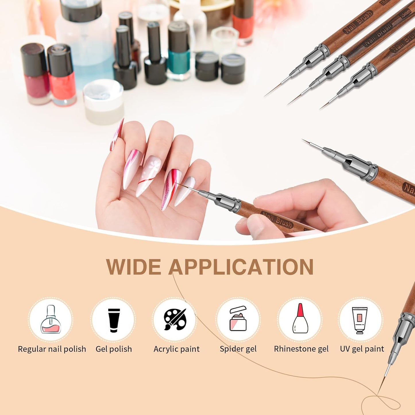 Wooden Nail Art Brushes, 5Pcs Nail Art Liner Brushes, Painting Art Design Brush Set Nail Dotting Drawing Tool for Long Lines, Thin Details, Fine Drawing Sizes 6/9/12/15/18mm, Natural