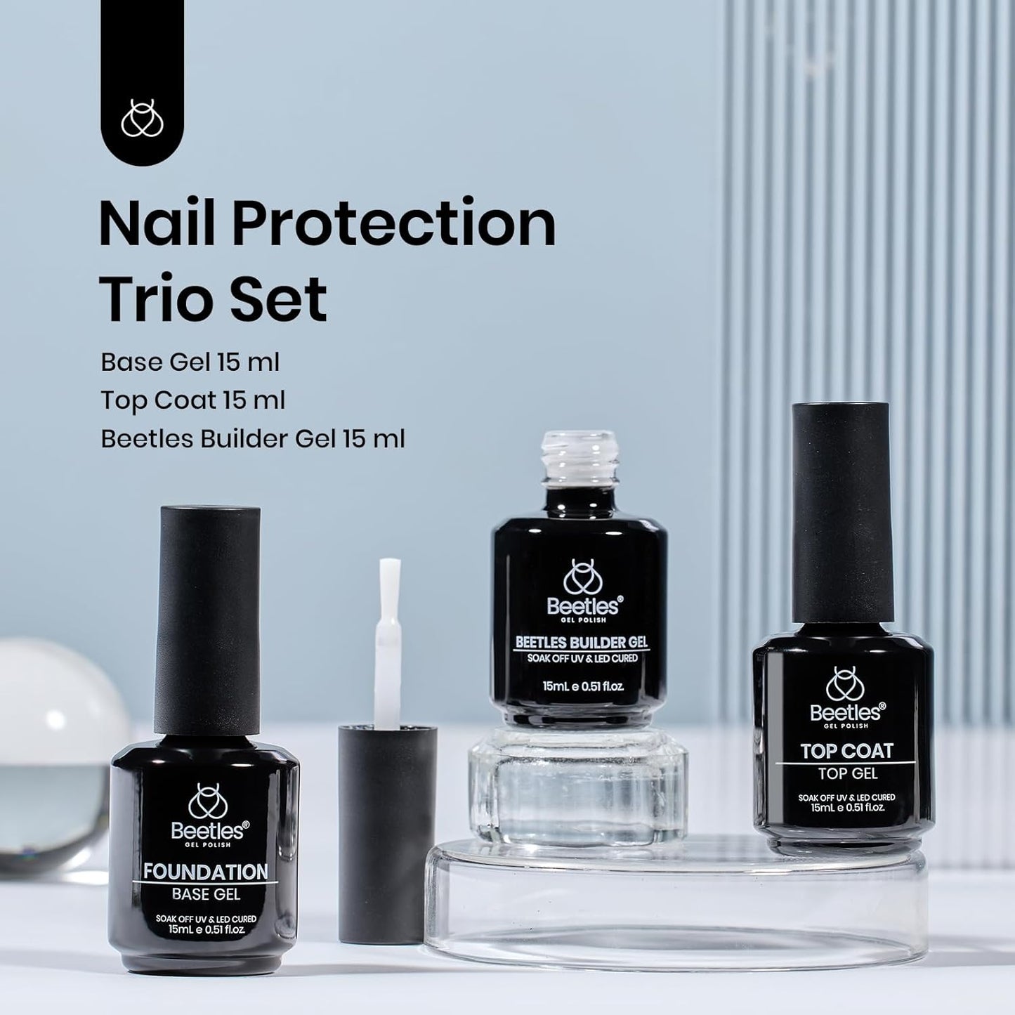 Beetles Builder Nail Gel & Top Coat and Base Coat Set-3Pcs 15ml White Gel Nail Polish Strengthener Gel Polish Soak Off UV LED for Nail Extension, Nail Repair, Shine Effect Long Lasting