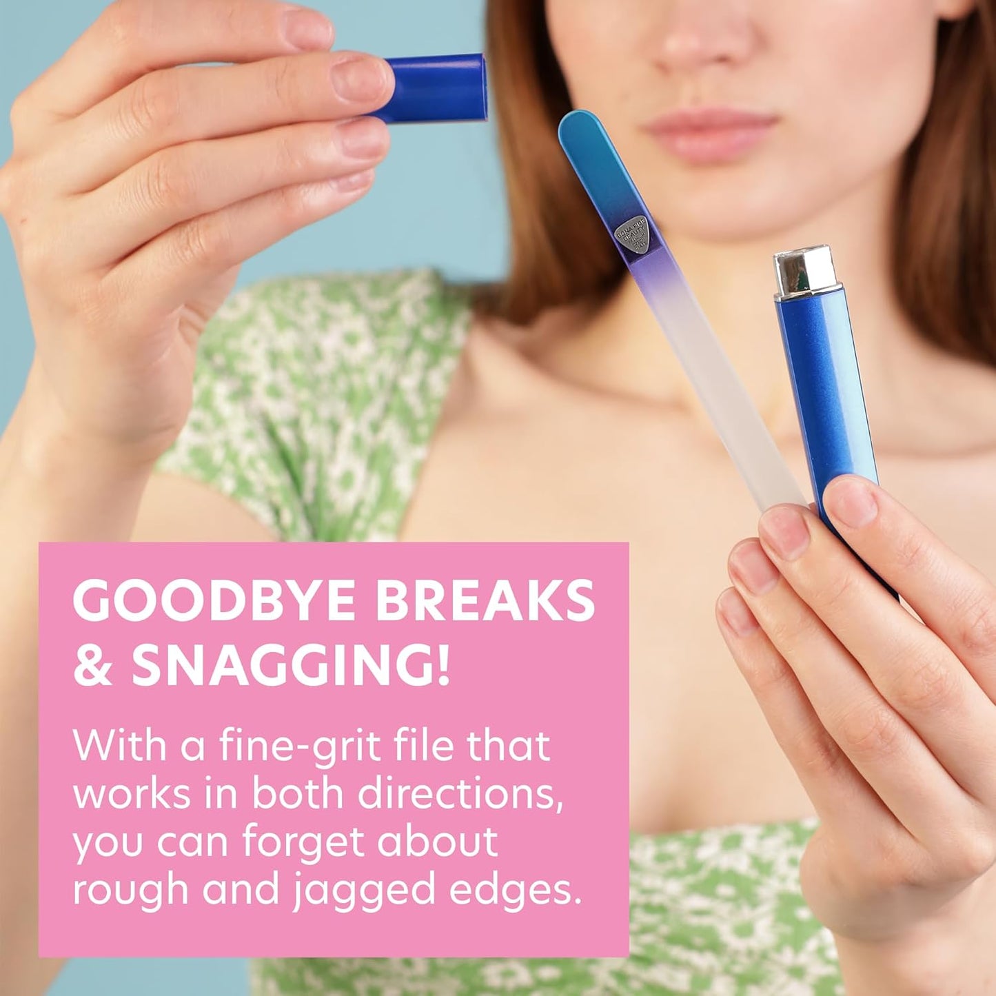 Bona Fide Beauty Glass Nail File with Case, Aqua Cobalt Czech Glass Fingernail Files Handcrafted from The EU. Ideal Nail Care Tool for Natural Nails.