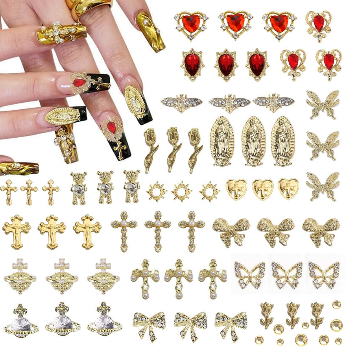 80+ Pcs Golden Nail Charms with Nail Art Rhinestones Gold Cross Virgin Mary and Rose Nail Gems for Acrylic Nails Accessories for Women Nail Decorations Manicure Craft DIY Supplies