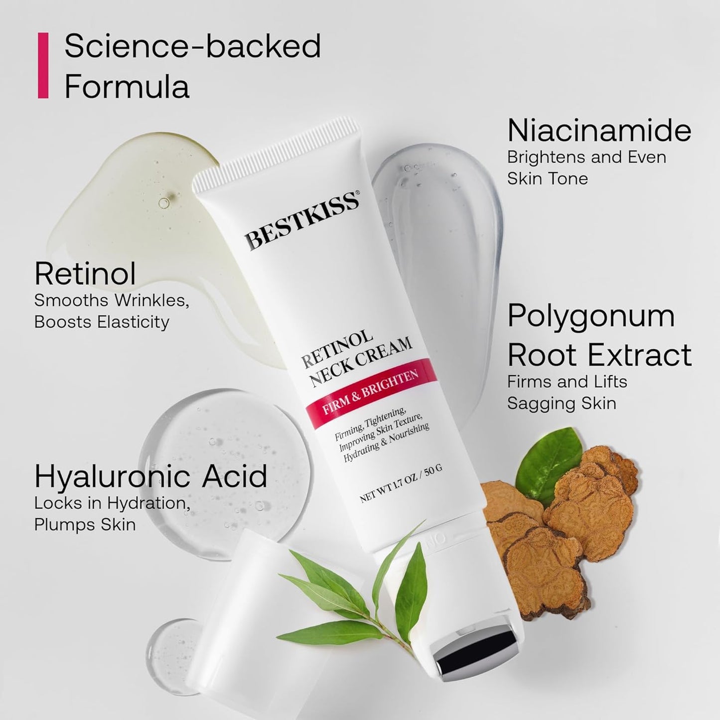 Retinol Neck Firming Cream with Cooling & Massaging Roller Applicator - Hydrates, Lifts, Smoothes Wrinkles, Fine Lines & Tightens Sagging Skin with Niacinamide & Hyaluronic Acid, 1.7oz/50g