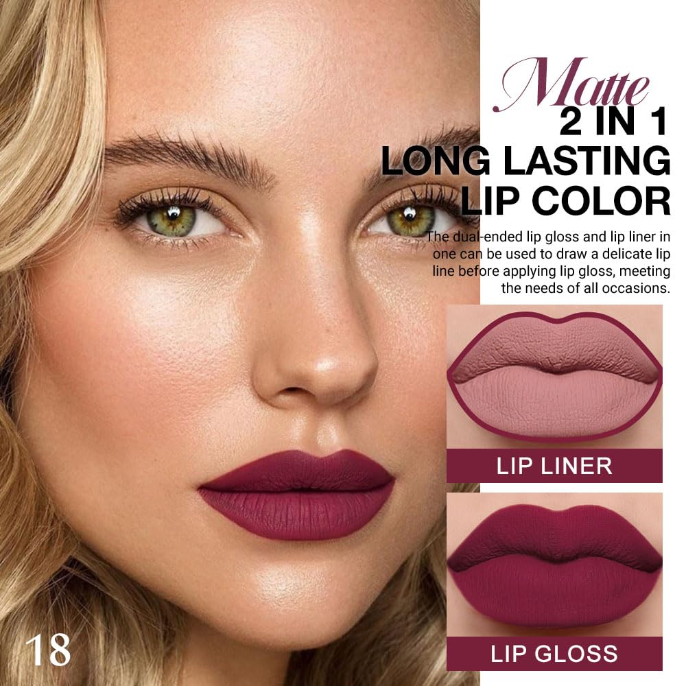 evpct 1Pcs Dark Plum Purple Matte Lip Liner and Liquid Lipstick Stain Makeup Set for women, Plum Red Long Lasting Smudge Proof Lipstick labiales matte mate larga duracion listip 24 hours originales,18