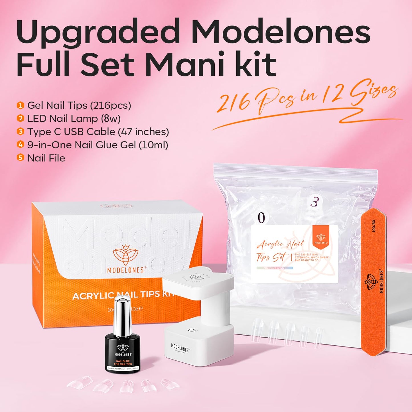 modelones Short Square Gel Nail Tips Kit, 9-in-One Nail Glue with Portable U V Lamp 216Pcs 12Sizes Pre-Etched Press ons Fake Acrylic Extension Kit DIY Salon Gift for Women