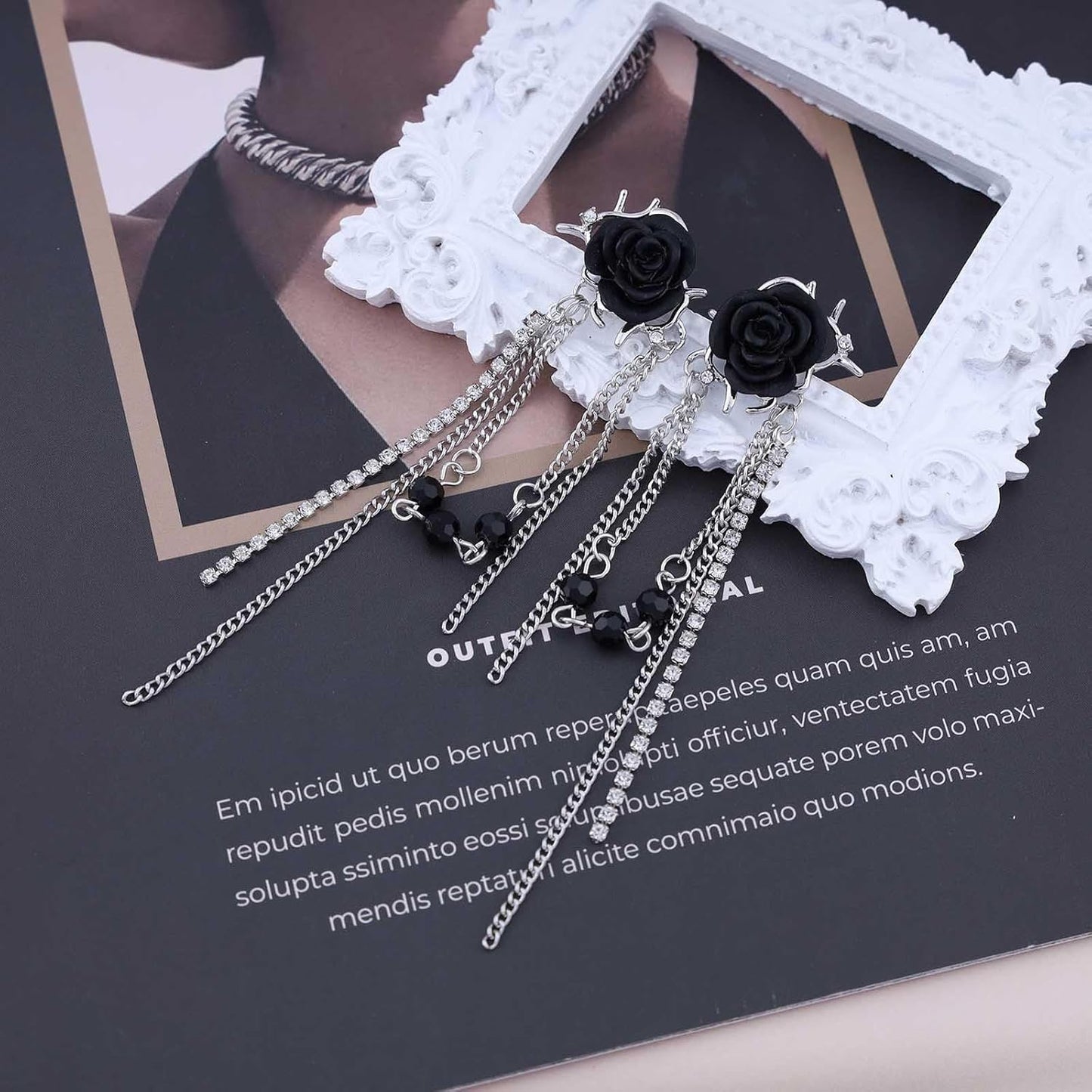 Punk Black Rose Flower Earring Long Rhinestone Chain Drop Earrings Silver Cz Tassel Chain Earrings Black Rose Flower Ear Cuff Earring Jewelry for Women
