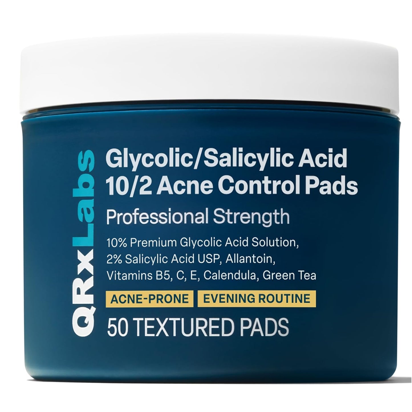 QRxLabs Salicylic & Glycolic Acid Acne Control Pads - 50 Count Jar - Glycolic & Salicylic - Bacne Treatment with Vitamins B5, C & E, Calendula & Green Tea