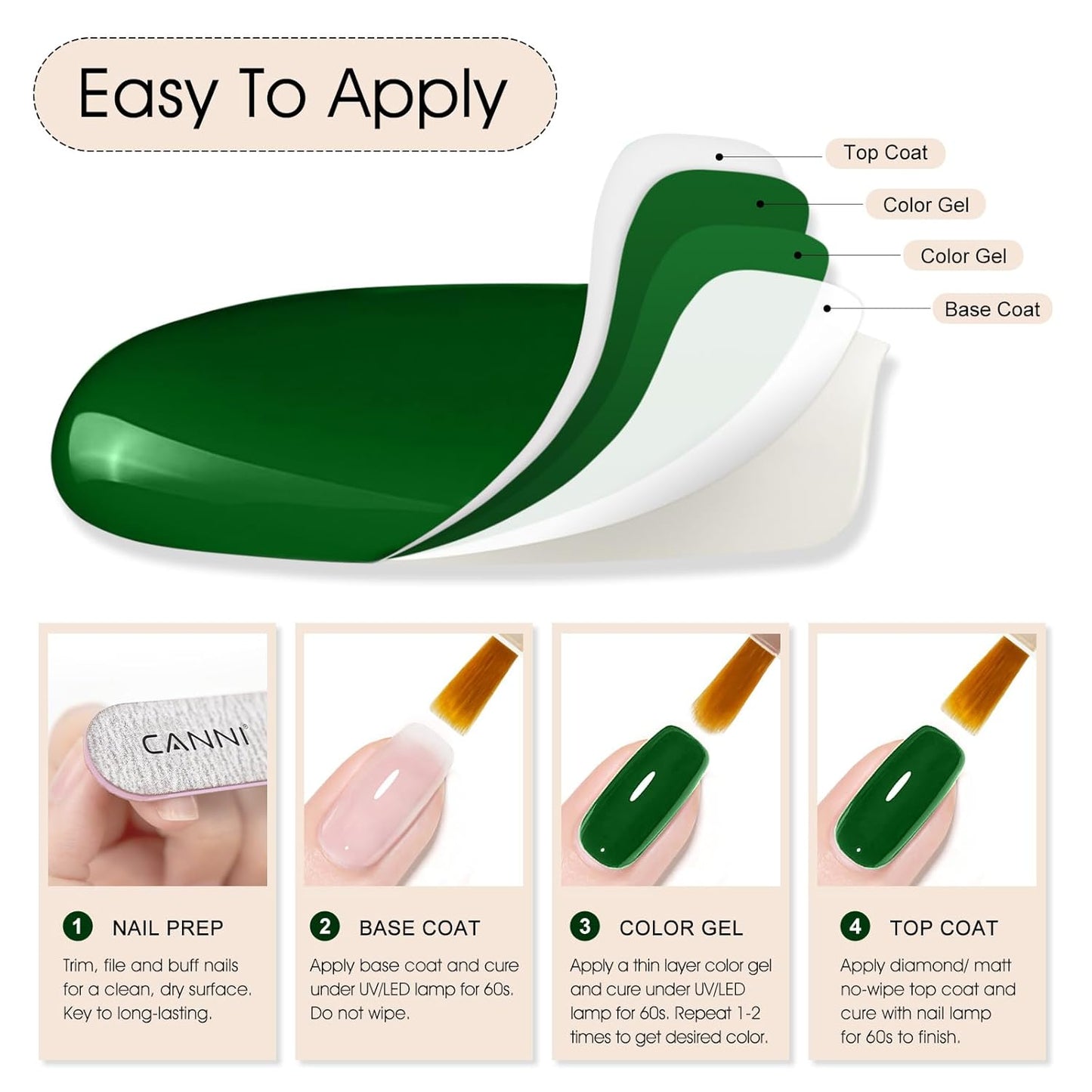 CANNI Green Gel Nail Polish, 1Pcs Emerald Dark Green Color Gel Polish Nail High Gloss Soak Off UV French Manicure Salon DIY