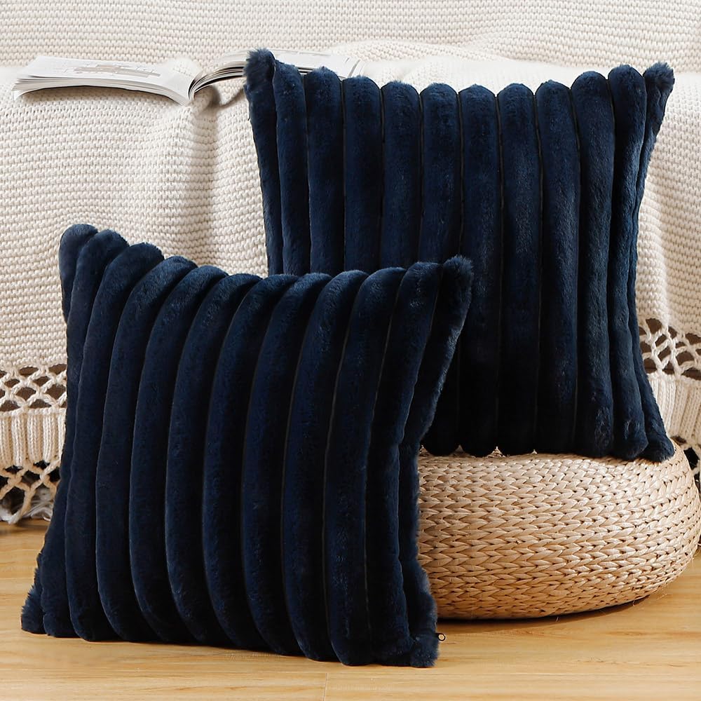 MADIZZ Set of 2 Faux Wool Plush Decorative Throw Pillow Covers 26x26 Inch Dark Blue Fluffy Striped Soft Decorative Cushion Cover for Sofa Bedroom Pillow Shell
