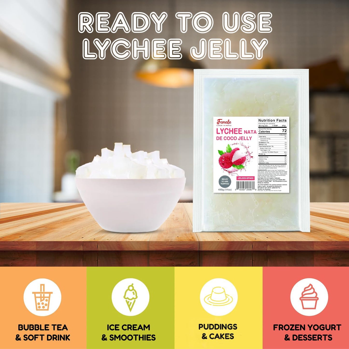 Fanale Coconut Jelly Topping nata de coco for Bubble Tea 400 g | Lychee Jelly | for Boba Tea, Smoothies, Slushes, Desserts 400g