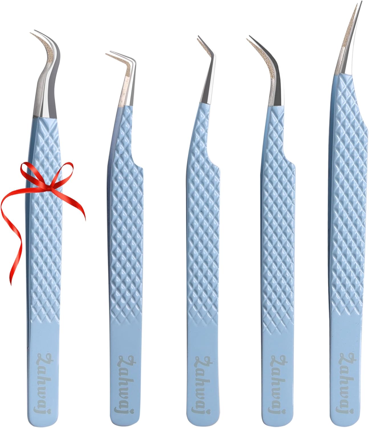 Lash Tweezers - Set of 5 Diamond Grip Eyelash Tweezers - Stainless Steel Professional Fiber Tip Lash Tweezer for Eyelash Extensions (Blue)
