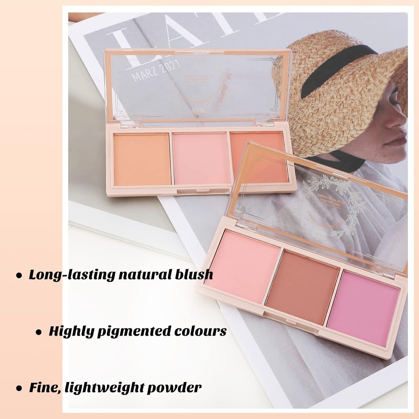 Boobeen 3 Color Blush Palette, Matte Pink Blusher, Blush Powder for Cheeks Makeup, Long Lasting Face Beauty Blush, Light and Smooth