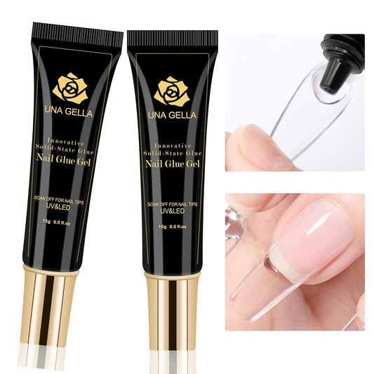 UNA GELLA Soft Gel Nail Tips Glue | 2pcs | Solid State Soak Off Super Strong Glue for Acrylic Nails Curing Needed For Nail Extensions Press On Nails 15ml*2 for Gel Jelly Tips