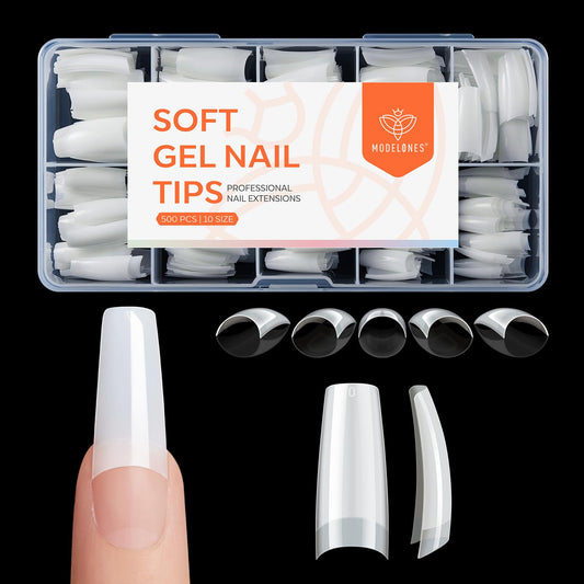 modelones French Nail Tips, 500 Pcs Natural Medium Square Half Cover Nail Tips Gel Milky White Soft Fake Extensions Acrylic 10 Sizes with Box