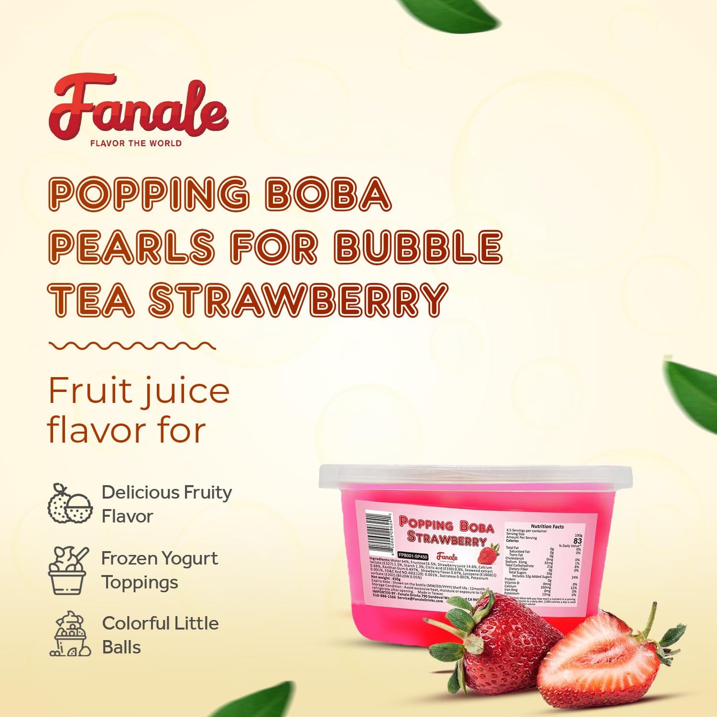 Fanale Popping Boba Pearls for Bubble Tea - 2 lb (1 lb X 2) | Strawberry | Bursting Boba Pearls Bubble 450g X 2 | Fruit Juice Flavor for Shakes, Dessert, Smoothie | FPB001-SP450 X 2
