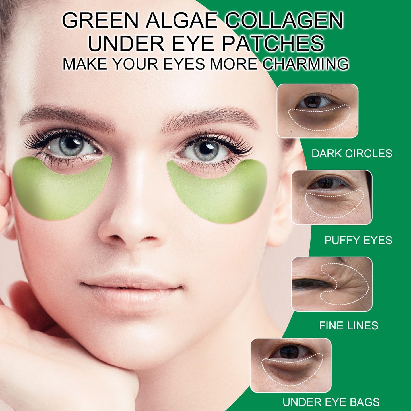 ROUSE Green Algae Under Eye Patches Collagen Eye Mask with Seaweed for Under Eye Bags Dark Circles Natural Eye Gel Pads for Puffy Eyes Moisturizing Repairing-60pcs