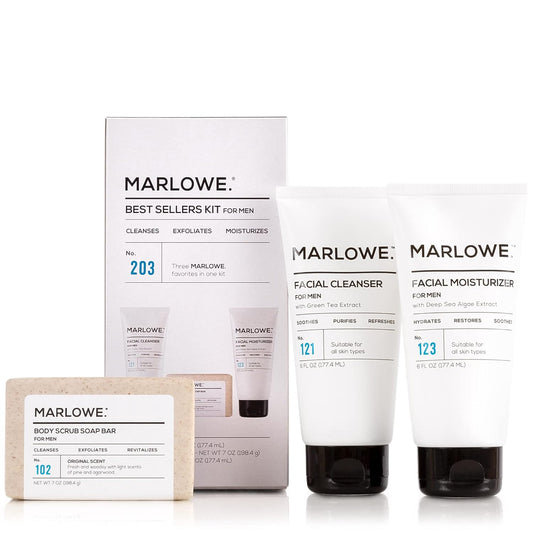 MARLOWE. Best Sellers Kit | No. 203 | Features Signature Body Scrub Soap Bar, Men's Facial Cleanser & Facial Moisturizer | Great Gift for Men