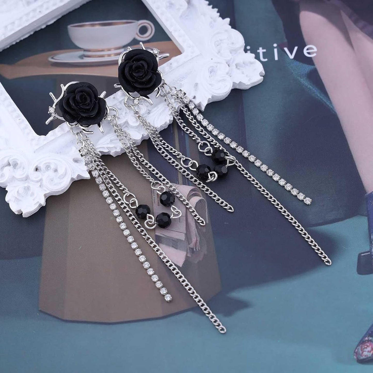 Punk Black Rose Flower Earring Long Rhinestone Chain Drop Earrings Silver Cz Tassel Chain Earrings Black Rose Flower Ear Cuff Earring Jewelry for Women