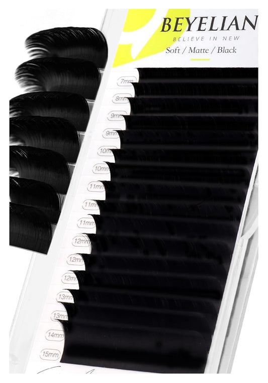 BEYELIAN Eyelash Extension 0.10 D Curl 7-15mm Mixed Tray Easy Fan Lash Extensions Volume Lashes 100°/212°F High Temperature Resistant Classic Professional Use Natural Matte Black (0.10 D 7-15mm Mix)