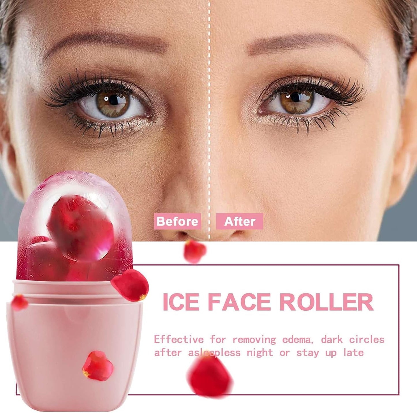 KOGITI Ice Mold for Face & Eye, Beauty Facial Roller, Puffiness Relief Massage Skin Care Tool, Ice Cube Holder (Brush-Pink White)