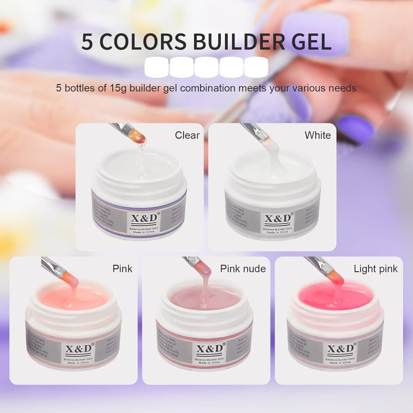 X&D Poly Gel Nail Kit 5 Colors Natural Clear Poly Nail Gel Kit Nail Extension Builder Nail Gel with Nail Glue Gel,Dual Forms, Nail Forms, Brush, File Set