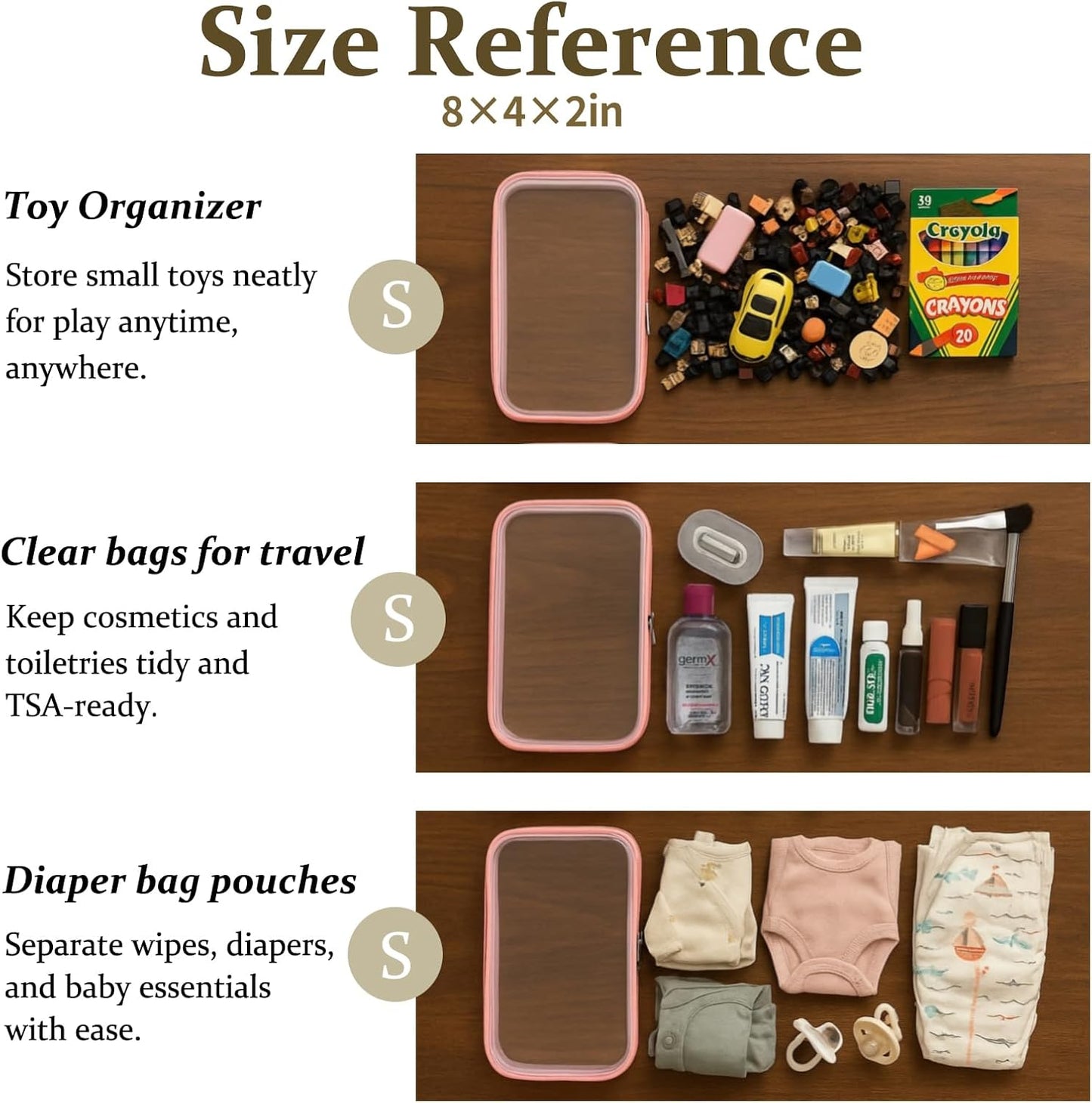 4 pcs Clear Zipper Pouches,Hard Shell Zipper Case, Toiletry Bag for Travel, CLear Diaper Bag, Toiletry Pouch, Travel Organizer, Clear Cosmetic Bag,Toy Storage Bins (M+3S) (Light Pink)