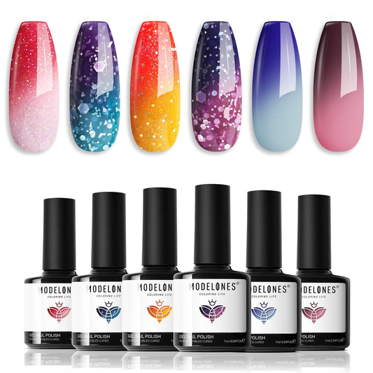 modelones Color Changing Gel Nail Polish Set, 6 Colors Red Pink Glitter Blue Purple Mood Temperature Change Nail Polish Gel Set Soak Off Nail Art Gel DIY Salon Manicure Gift