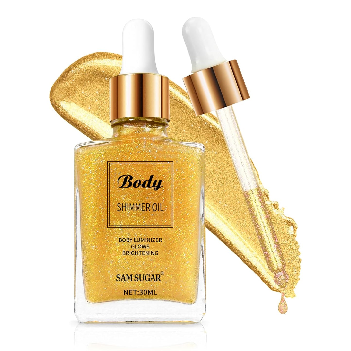 Shimmering Body Oil,Face & Body Glitter Makeup Liquid Highlighter, Moisturizing Body Glitter Dewy Highlighter,Long Lasting Highlighter Face Brighten,Liquid Face Glow Sparkles Body Oil for Women