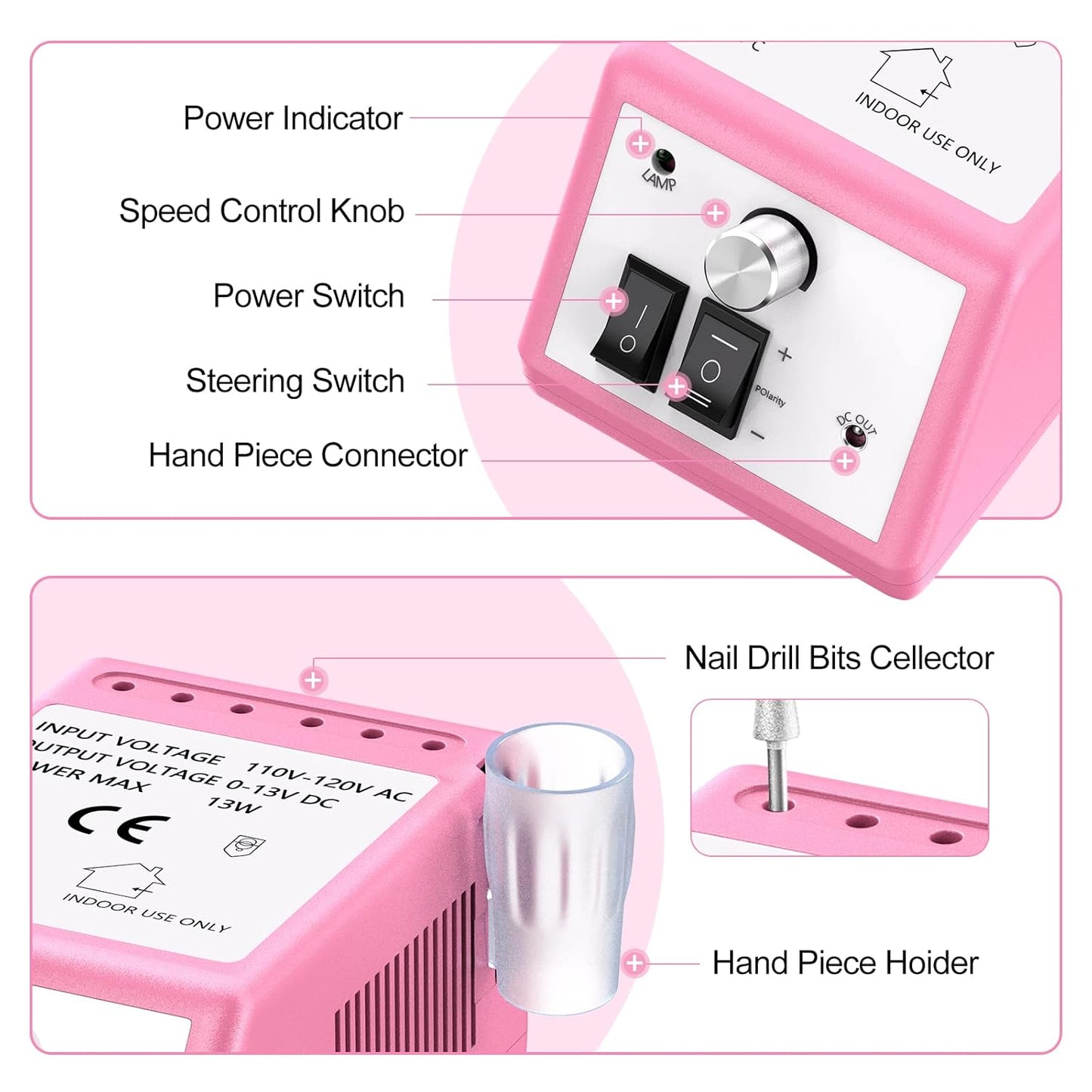 20000RPM Electric Nail Drill Professional Nail File Drill Acrylic Nails Kit for Manicure Gel Nail Polish Remover with 1 Pack of Sanding Bands(Pink)
