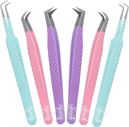 SIVOTE Lash Tweezers for Eyelash Extensions, Set of 6 - Volume, Volume Boot, Slim 90 Degree Tweezers with Fiber Tips in Pastel Colors, Ideal for Mega, Volume & Russian Lashes - Includes Leather Pouch