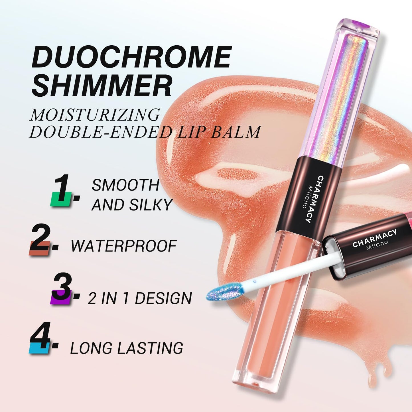 CHARMACY 2 In 1 Multichrome Moisturizing Lip Gloss, Double Head Liquid Lipstick, Mirror Waterproof Long Lasting No Fading Lip Balm, Hydrating Lip Plumper Waterlight Glossy Makeup #005