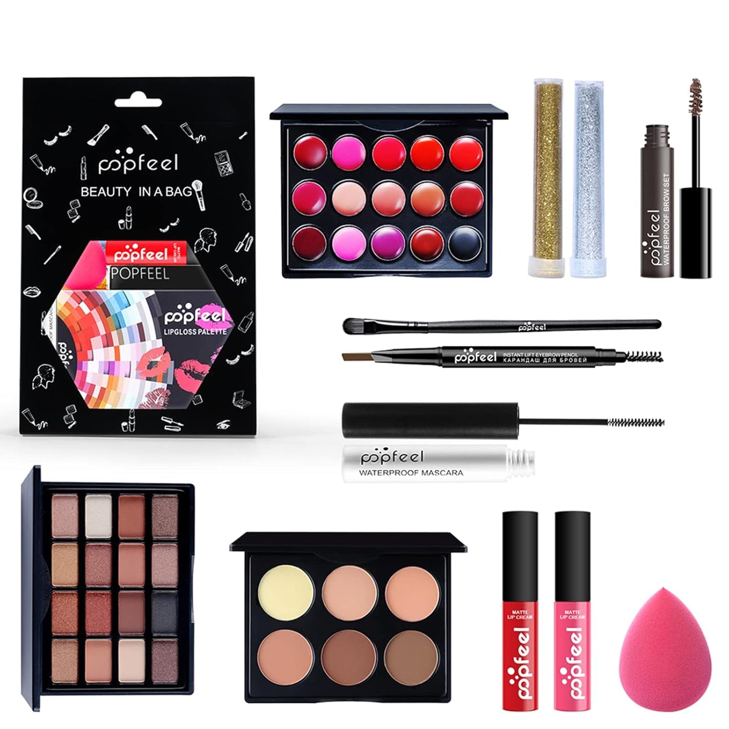 All-in-one Holiday Makeup Gift Set | Full Makeup Kit for Women Multipurpose Essential Bundle Include Eyeshadow Palette Lipstick Blush Concealer Face Powder Eyeliner Mascara Lipgloss Brush