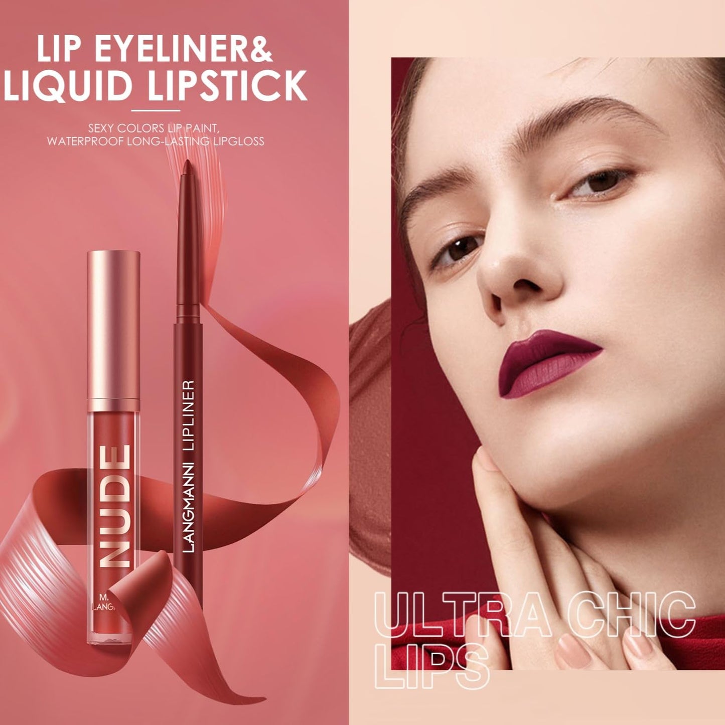 LANGMANNI 4pcs Matte Lipstick with Lipliners Durable Makeup Set,Long-Lasting Non-Stick Cup Not Fade Waterproof Pigmented Velvet Lipgloss Kit Beauty Cosmetics Makeup Gift for Girls(#9+10+11+12)