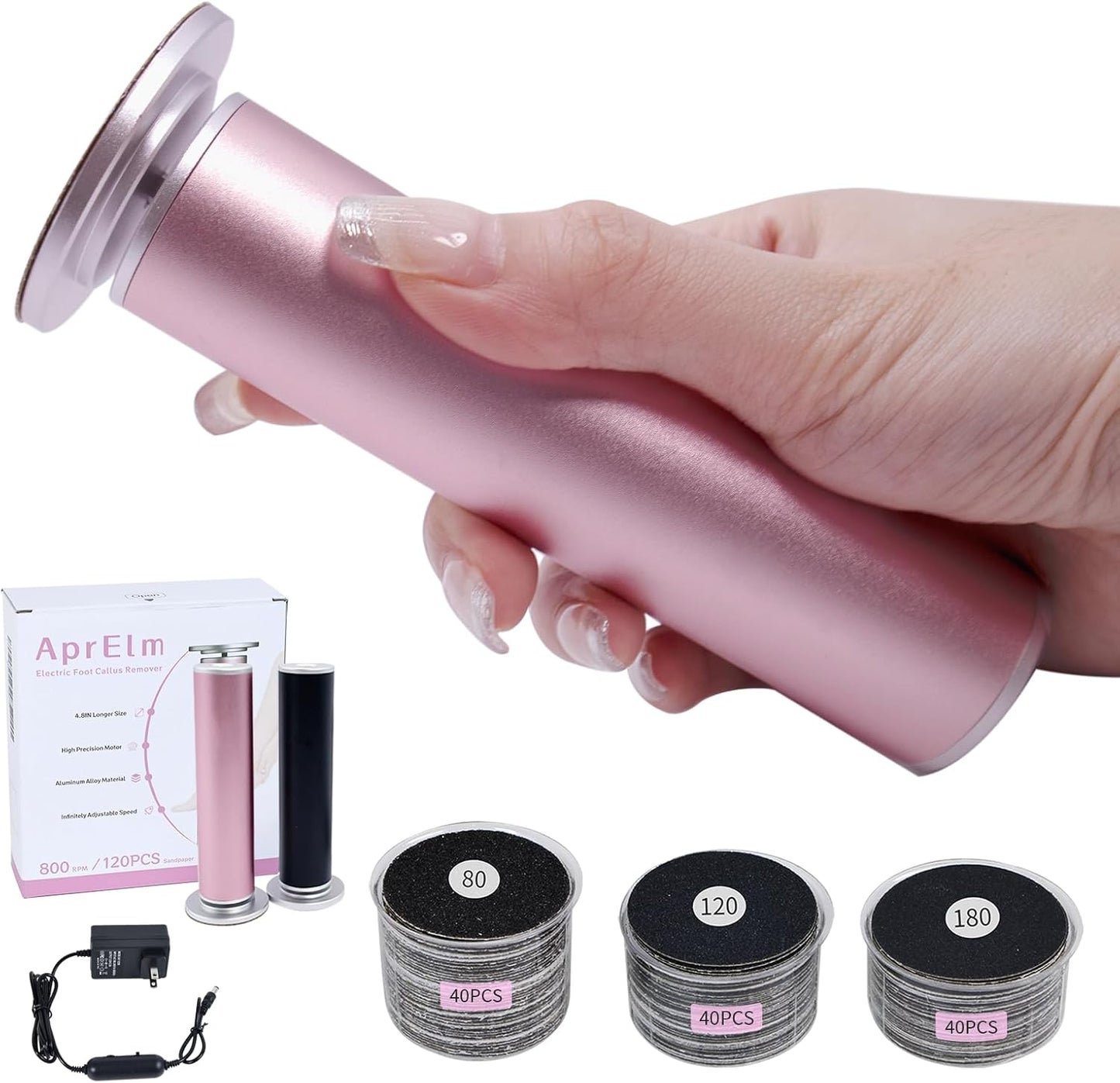 4.8IN Longer Electric Foot Callus Remover with 120pcs Sandpaper Discs, Professional Aluminum Callus Remover for Feet, Stepless Speed Control Pedicure Tools for Dead Skin (Pink-pro)