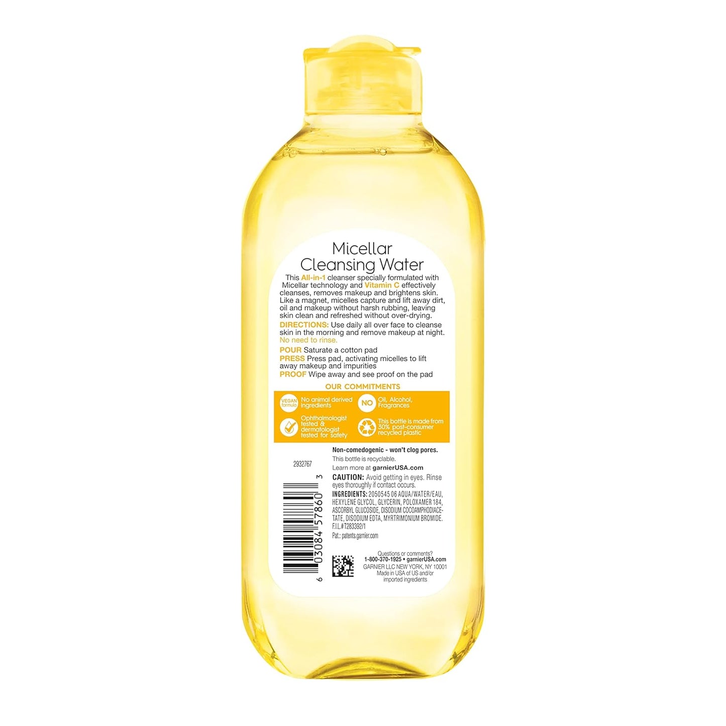 Garnier Micellar Water with Vitamin C, Facial Cleanser & Makeup Remover, Brightening & Hydrating, For All Skin Types, Vegan, Cruelty Free, 13.5 Fl Oz (400mL), 1 Count