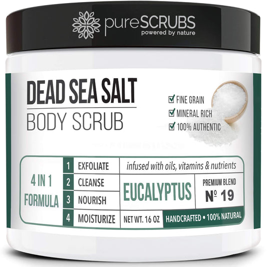 pureSCRUBS Premium Eucalyptus Body Scrub Set - Large 16oz Dead Sea Salt Body Scrub With Infused Essential Oils & Nutrients, Includes Wooden Spoon, Loofah & Oatmeal Exfoliating Bar Soap