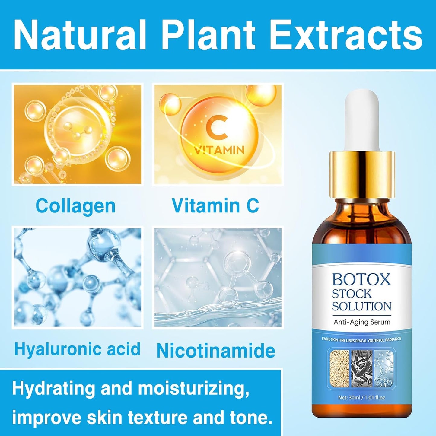 Botox Stock Solution Facial Serum, Botox Face Serum for All Skin Types, Vitamin C & Hyaluronic Acid Face Serum for Women, Reduce Wrinkles & Fine Lines, Plump Skin