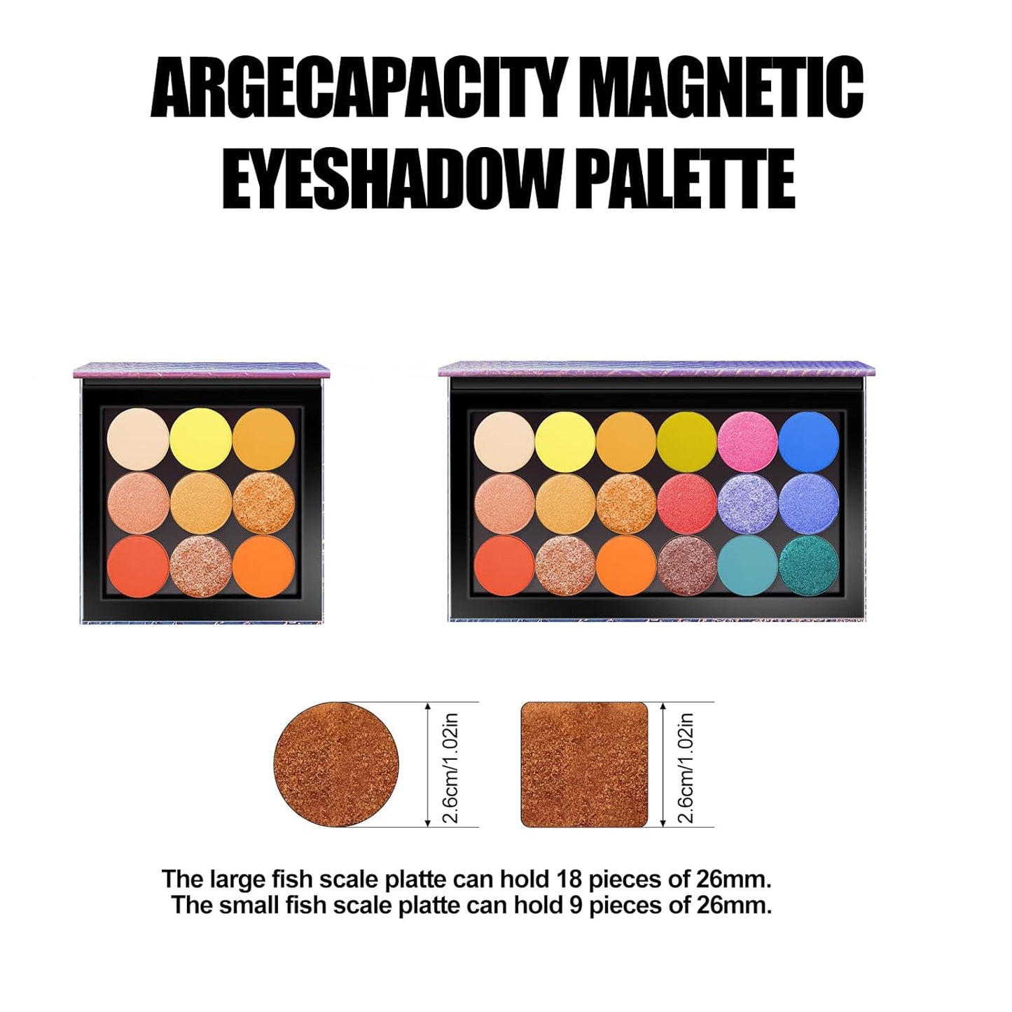 2 Packs Magnetic Makeup Palette Empty with Spatula and Metal Stickers, 18-pan and 9-pan Empty Eyeshadow Palette for Travel, DIY(Fish Scales)